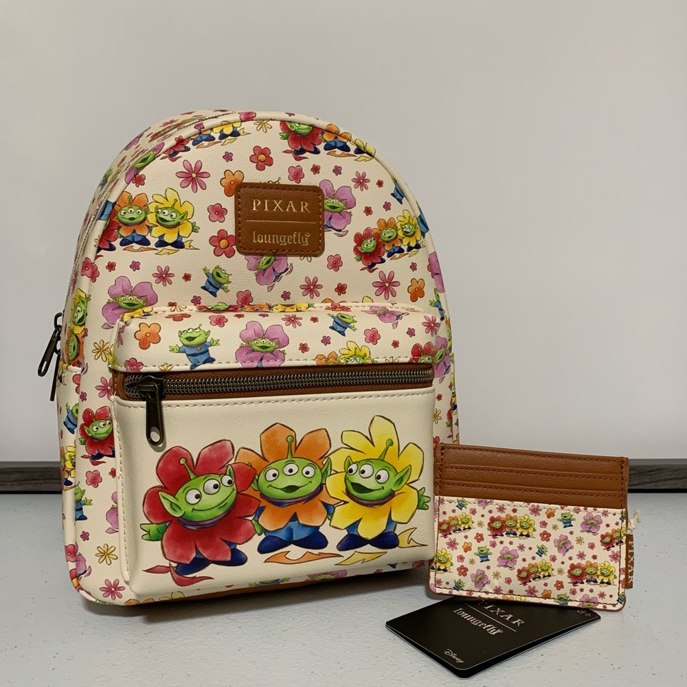Loungefly Disney Pixar Toy Story Aliens Floral Mini Backpack & Card Holder-New